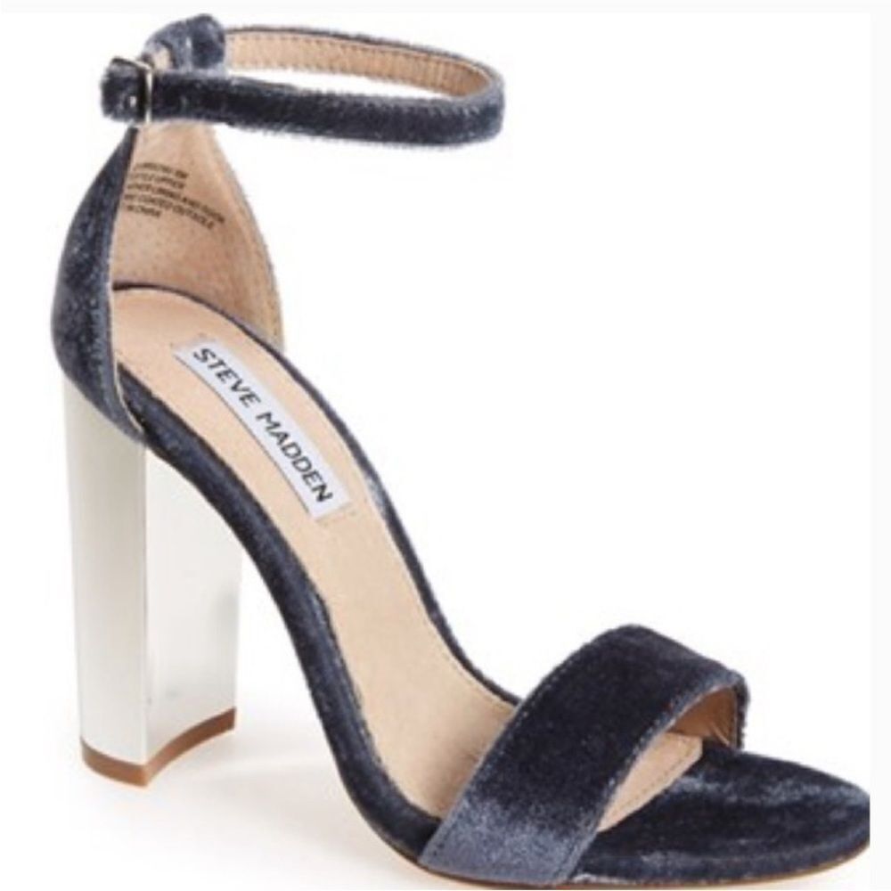 Steve Madden Carrsonv Blue Gray Velvet Ankle Strap Mirror Heels